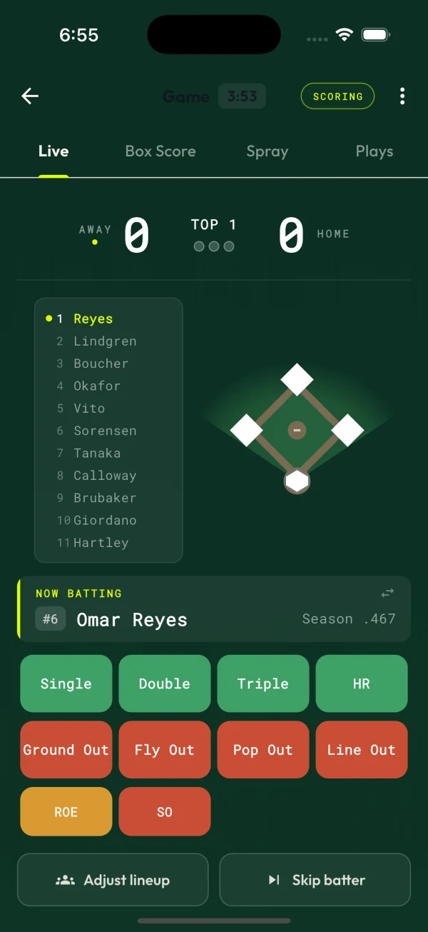 Live scoring with the lineup, diamond, and one-tap outcomes
